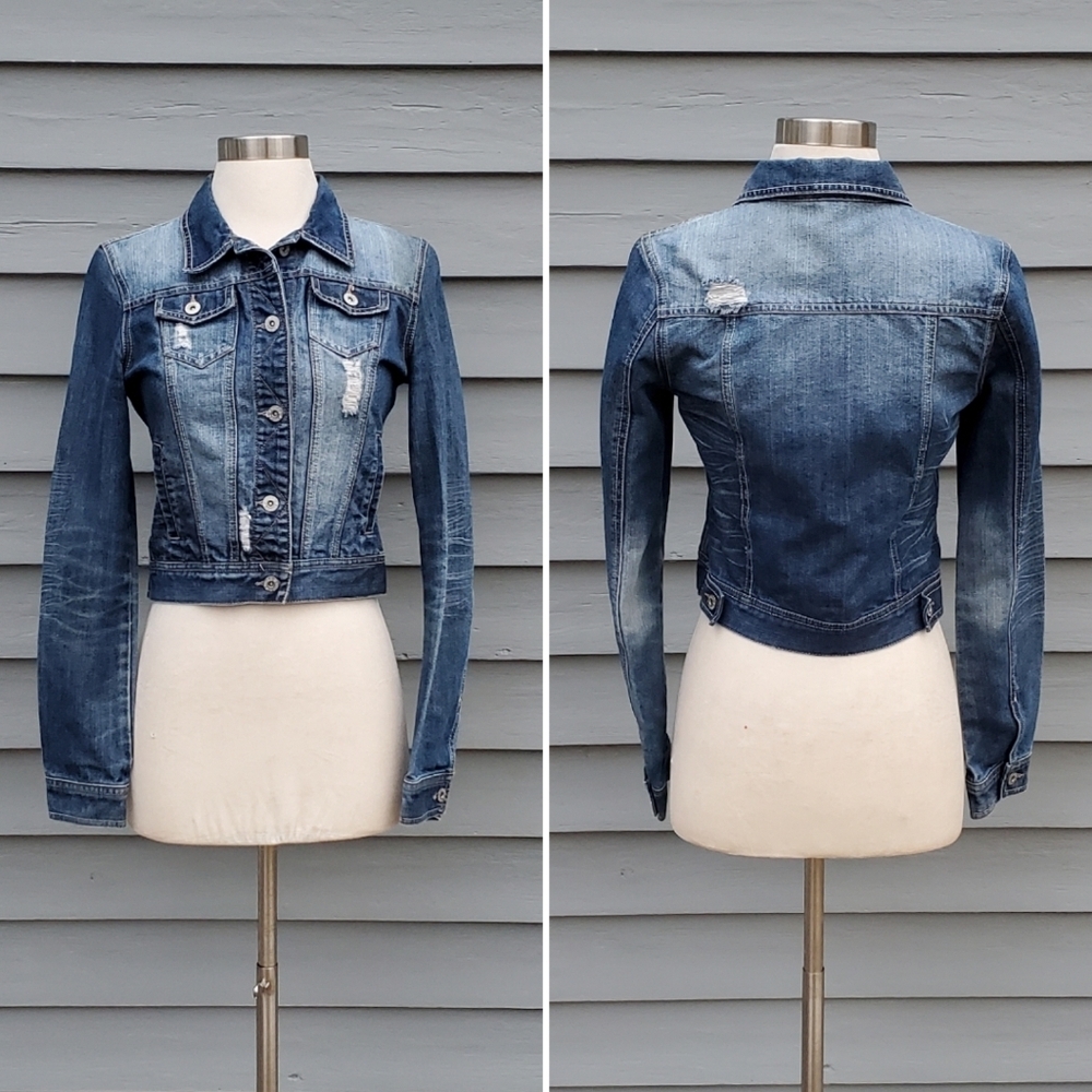 Vintage 90s y2k Mudd Brats Blue Jean Distressed Faded Denim Trucker Jacket Md‎